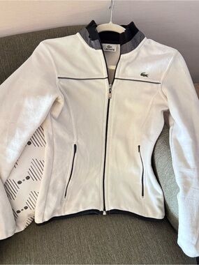 Lacoste Women's White Fleece Zip-Up Jacket with Black Trim